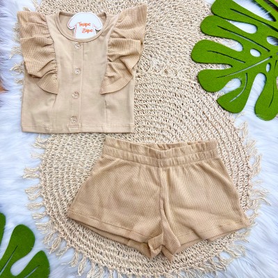 Conj. Blusa com Botões Transparentes de Flores e Short - Areia